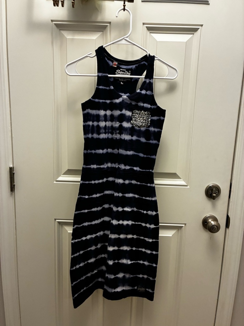 Superdry Navy & White Tie-Dye Midi Tank Dress with Embellished Pocket